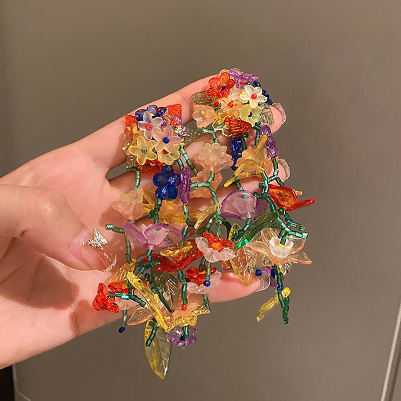 银针不对称镶钻圆圈水晶花朵耳环宫廷风炫彩复古耳钉设计感耳饰女