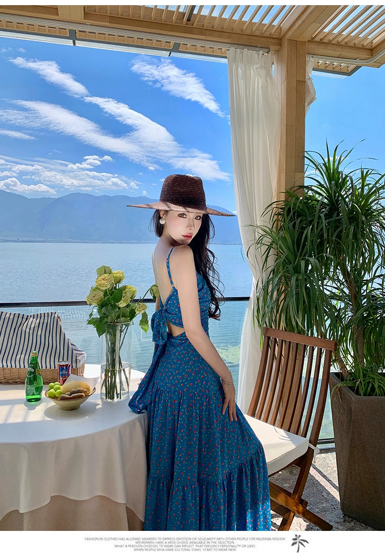 Fashion women's wear off-Shoulder Spaghetti Straps Dress Women's Summer Sanya Seaside Holiday Beach Skirt Floral Backless Waist Trimming Ankle-Length Dress