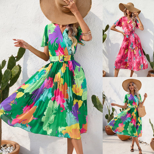 Fashion women's wear 2024  Women's Clothing   Cross-Border Summer Printing Crumpled Mid-Length Short Sleeve Dress