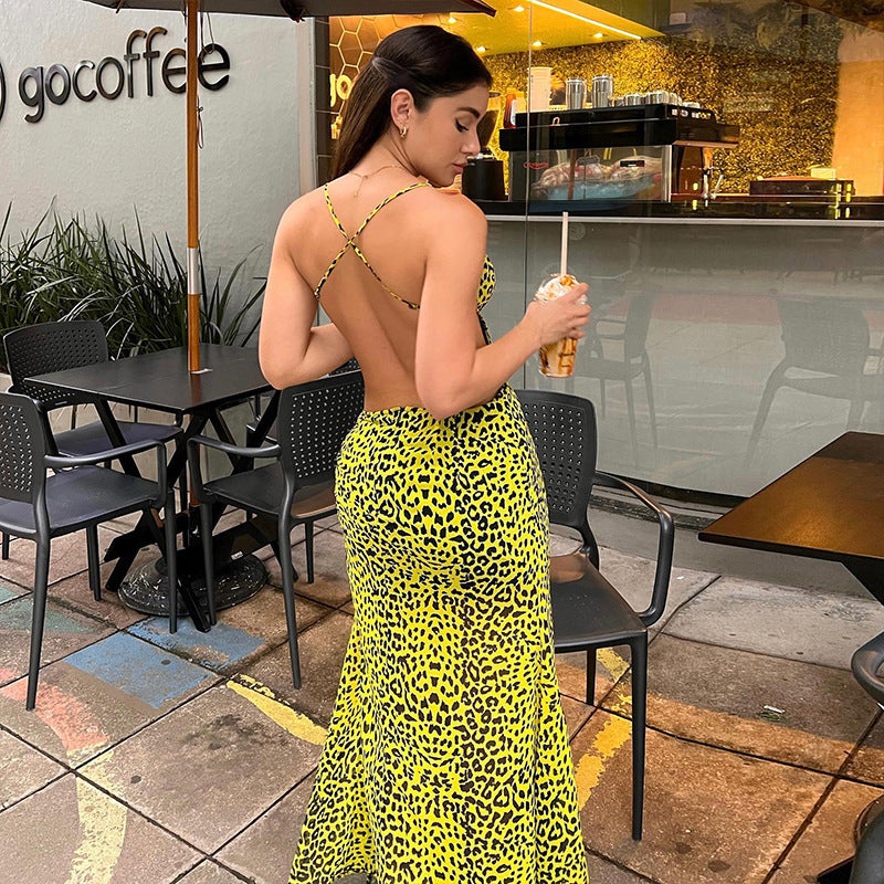 Fashion women's wear  2024 Summer New Cross-Border Women's Clothing Fashion Printed Sexy Backless Cross Strap Sling Dress