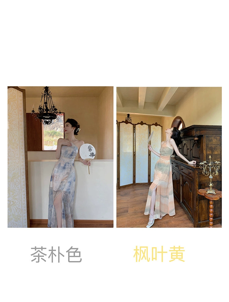Fashion women's wear Chiffon Niche Sleeveless Split Halter Spaghetti Straps Dress Retro Hong Kong Style Tight Waist Seaside Vacation Dress Beach Dress