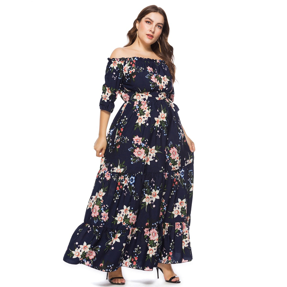 Fashion women's wear 2024   plus Size Women's Clothes Summer Popular off-Neck Plump Girls Bohemian Beach Dress Sq0095b