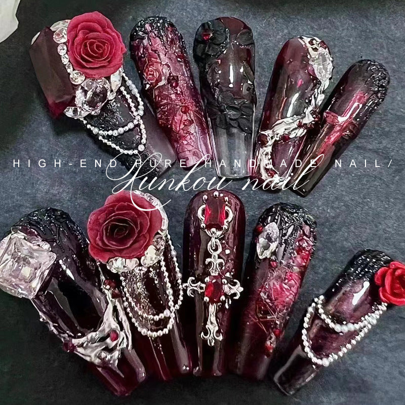 (Hand-Made Nail) Pure Hand-Wear Nail Manicure Dark Blooming Red Rose Flash Drilling Detachable Heavy Hand-Painted