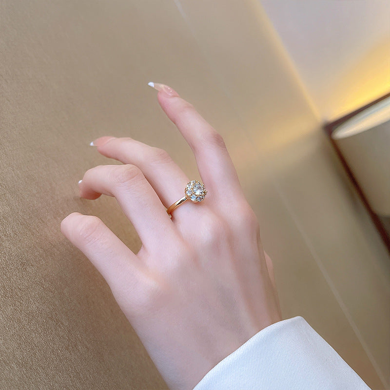 珠宝首饰欧美冷淡风气质锆石可旋转花朵开口戒指时尚设计食指戒个性潮指环