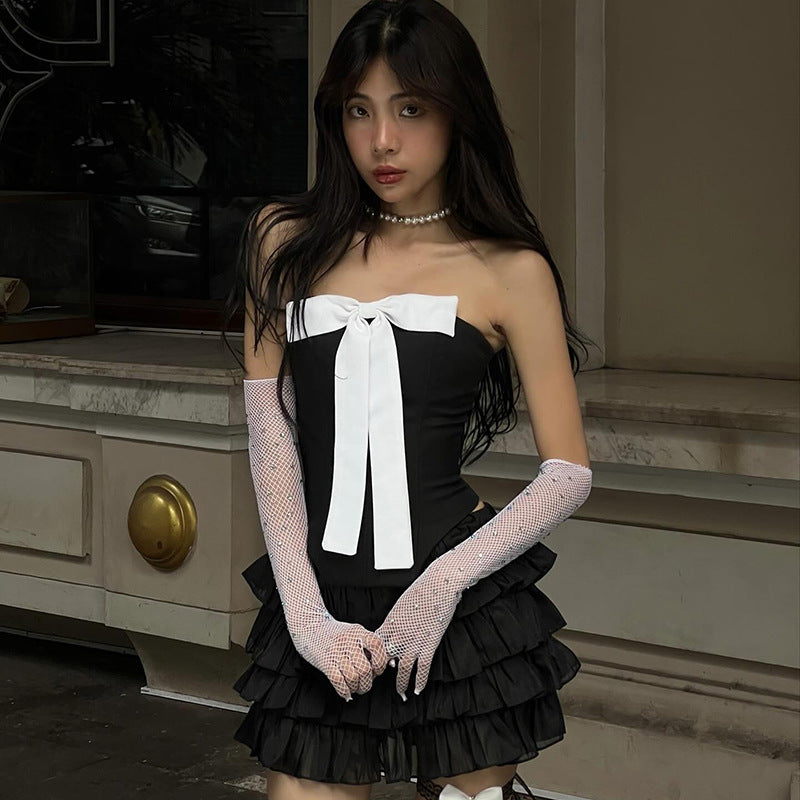 Fashion women's wear Q23tp722  Hot Girl Contrast Color Bow Three-Dimensional Decoration Fishbone Tube Top Women's All-Match Date New