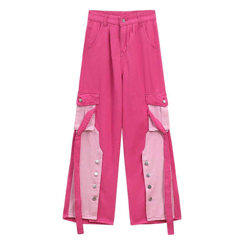 Dopamine pants Free shipping Tattoo Pink tooling jeans women's spring spice girl dopamine high waist temperament design sense color matching straight trousers