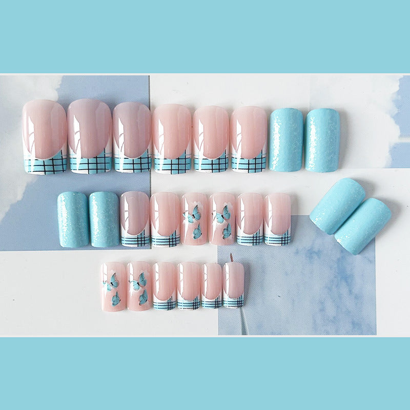 天蓝蝴蝶穿戴甲清新nails 法式跨境美甲片外贸假指甲长甲美甲贴片