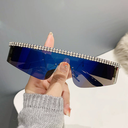 Women's fashion glasses 2023跨境爆款一体太阳镜 欧美个性镶钻连体骑行眼镜 嘻哈运动墨镜