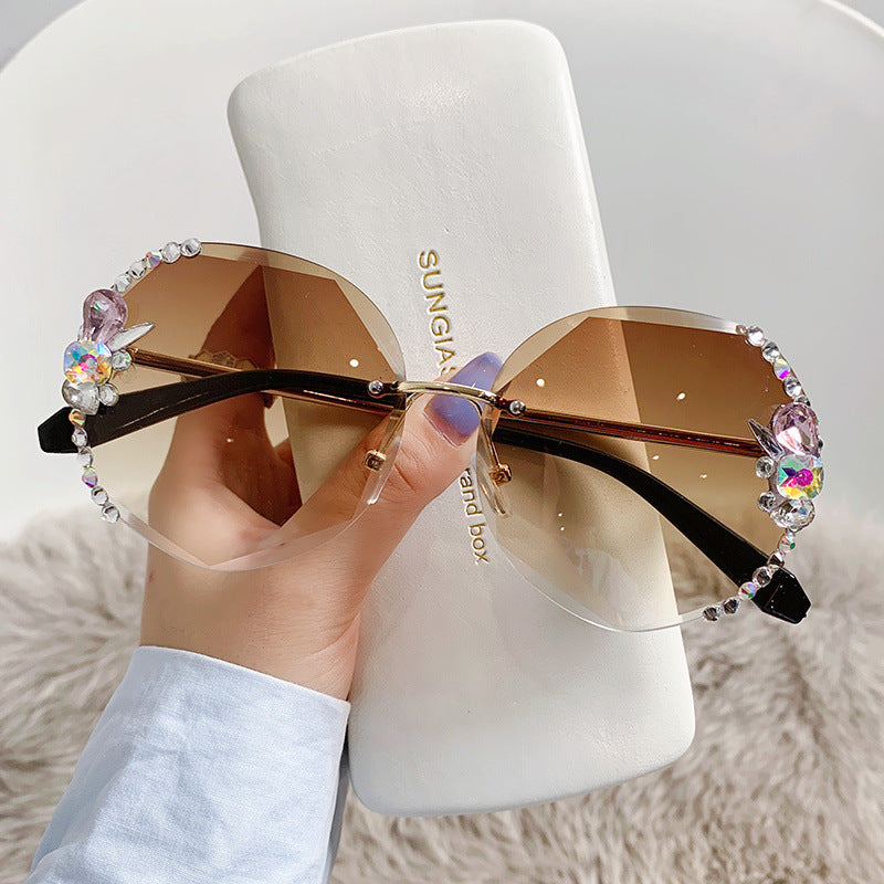 Women's fashion glasses 跨境镶钻无框水钻多边形墨镜女高级感ins大脸显瘦显脸小太阳镜