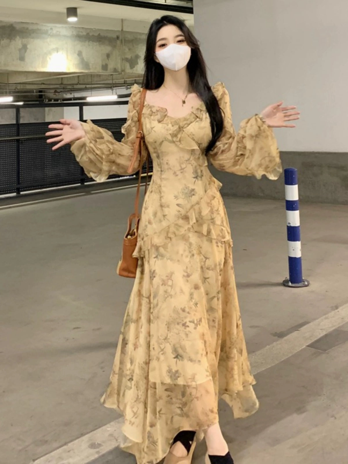 Fashion women's wear French Style Beautiful Yellow Floral Dress Spring plus Size Plump Girls Slimming Fairy Long Dress Style Skirt