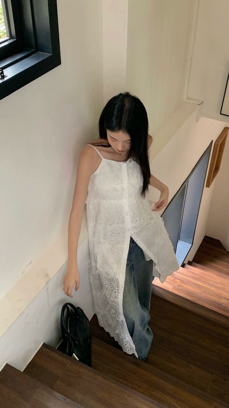 Fashion women's wear Fashionable Embroidery Hollow out Sweet Spaghetti-Strap Dress Women's Clothing Spring 2024 New Mid-Length Waist Split Skirt