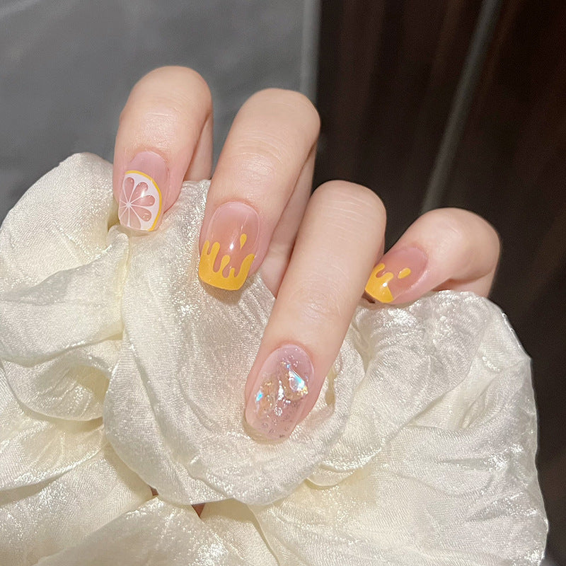 极光柠檬穿戴甲闪闪指甲贴片流心美甲片清凉假指甲片美甲贴片成品