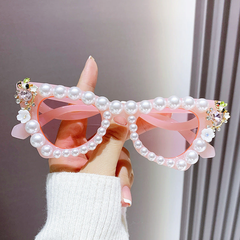 Women's fashion glasses 跨境镶珍珠太阳镜大框架舞会镶钻墨镜女沙滩太阳镜沙雕拍照眼镜