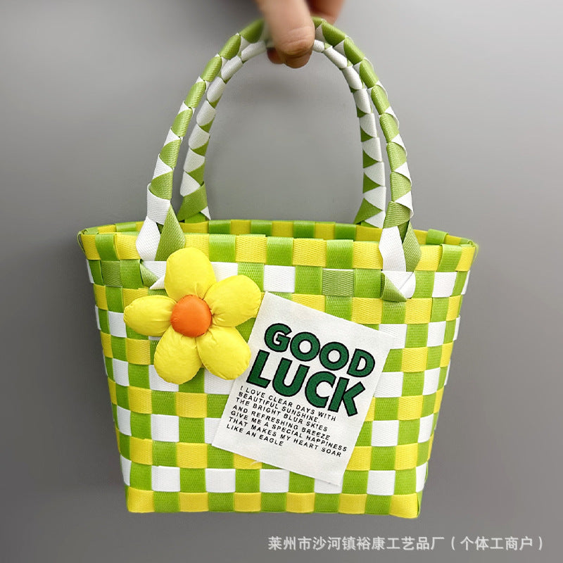 Dopamine Bag Free shipping Tattoo Cartoon dopamine plastic woven bag, trendy macaron hand-woven vegetable basket bag, cute casual seaside beach bag