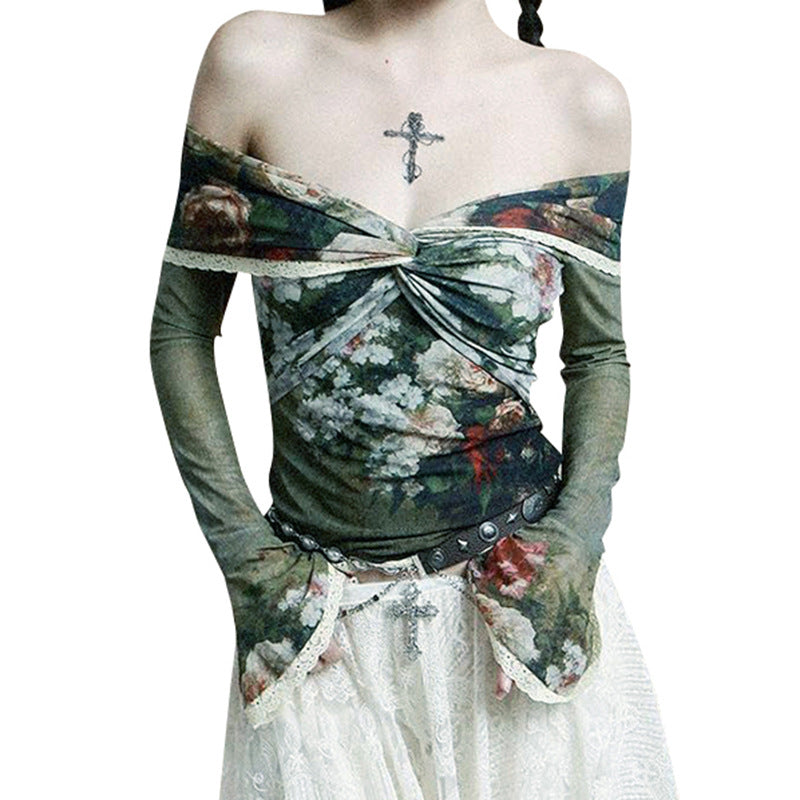Fashion women's wear Q23tp800 Retro Oil Painting Printing Online off-Neck Long Sleeve Top Women's Slim Fit Slimming Summer New