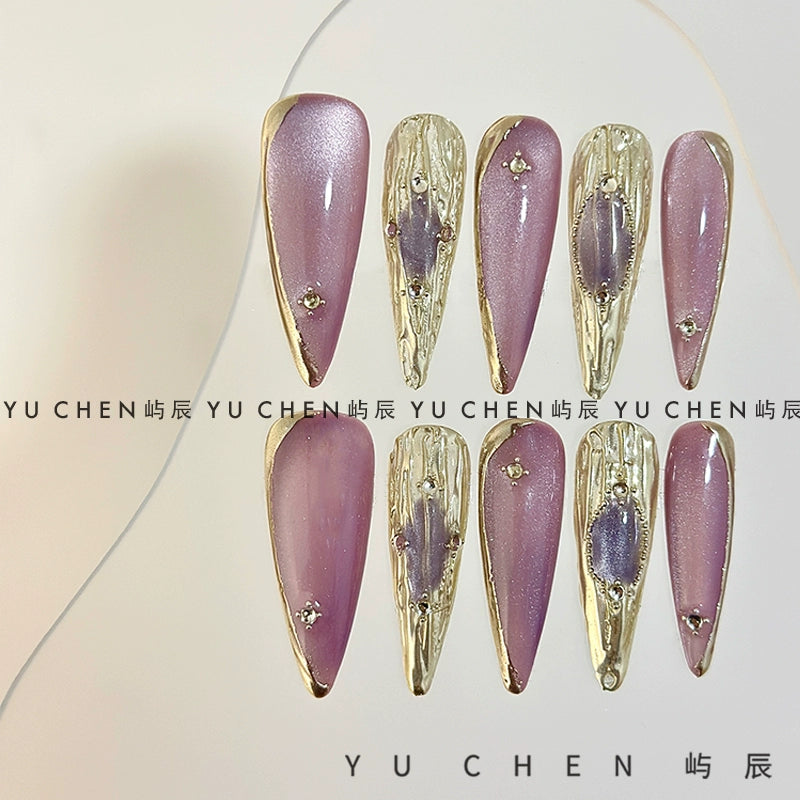 (Hand made nail) Original by Yuchen | Purple Buchirati Nail Wearing Nail Handmade Cat Eye Light Gold 3D Relief Heavy Industry