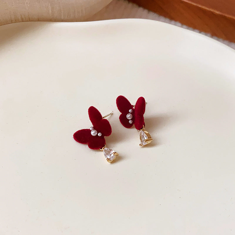 银针红色系植绒蝴蝶结耳环秋冬甜美气质耳钉时尚高级感耳饰批发女
