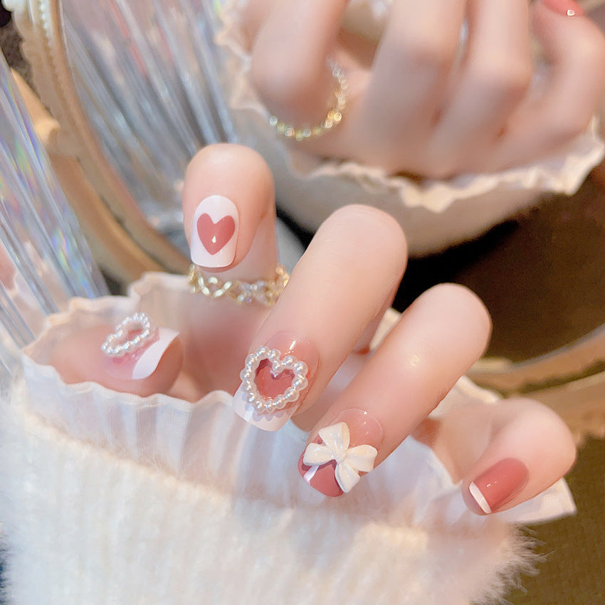 Fashion  nail Pearl Heart Bow Fake Nail Patch Finished Nail Beauty Wearable Nail Stickers X50