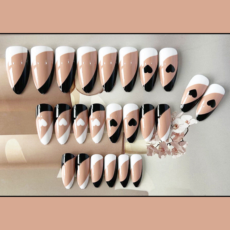 黑白爱心穿戴甲法式nails 跨境美甲片外贸假指甲长尖甲型美甲贴片