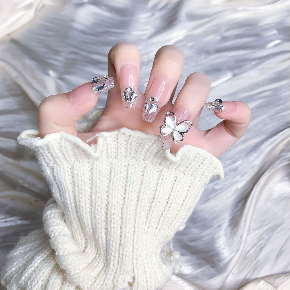(Hand-Made Nail) Pink Icy Stick-on Crystals Butterfly High-Grade Sense Internet Celebrity Flash Fake Nails Handmade Wear Armor UV Nail