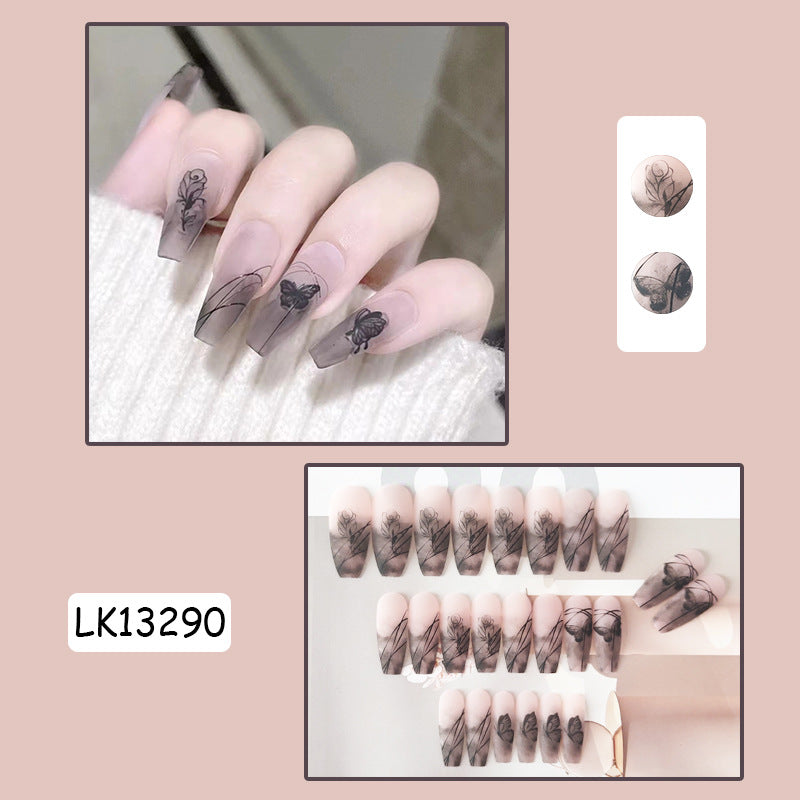 水墨玫瑰穿戴甲蝴蝶指甲贴片线条美甲片暗黑系假指甲美甲贴片成品