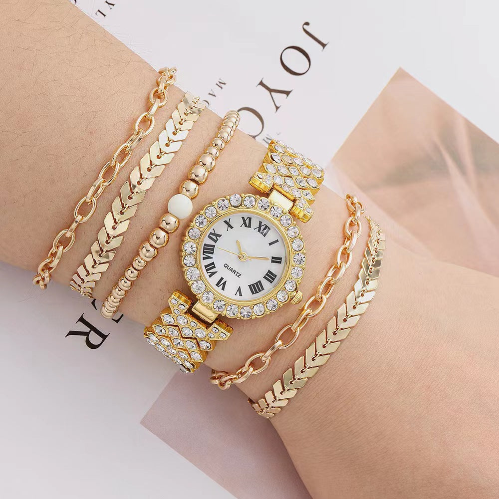 Fashion women's watch2023 New Foreign Trade Cross-Border Hot Casual Fashion Diamond-Embedded Simple Roman Pattern Women's Watch Six-Piece Gift Box