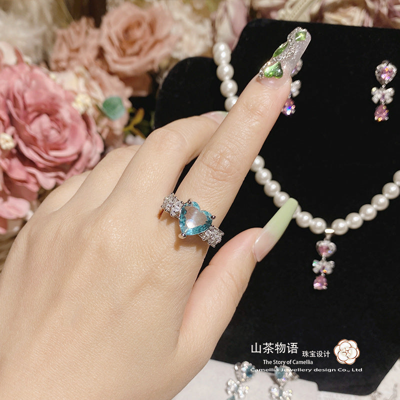 珠宝首饰山茶韩系轻奢璀璨海蓝宝爱心银针耳钉套装 镀18K金八心八箭开口戒
