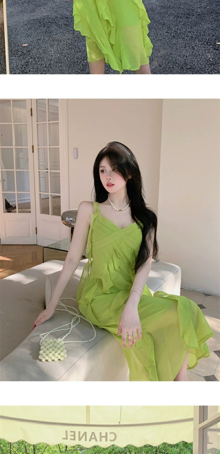 Fashion women's wear French Style Green Suspenders Dress Women's Summer V-neck Elegant Ruffle Waist-Tight Seaside Vacation Beach Dress
