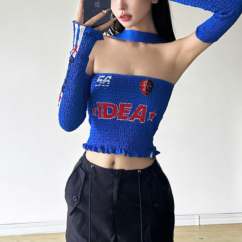 Free shipping   autumn new women's clothing solid color slim-fit street fashion one-word collar printed halter top tops