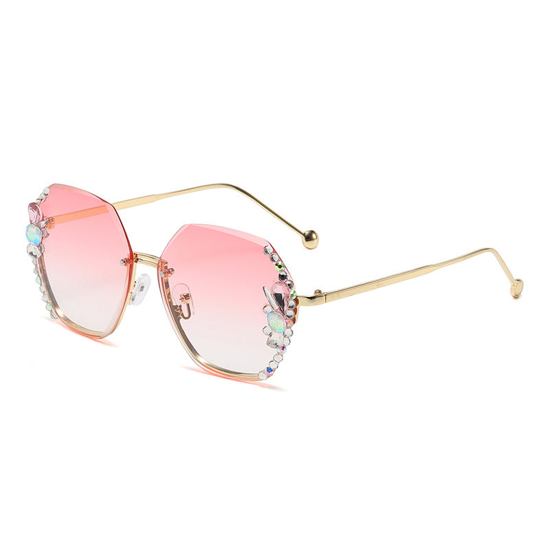 Women's fashion glasses 欧美跨境大框镶钻太阳镜无框防晒防紫外线水晶墨镜女大脸显瘦