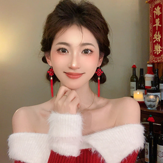 镶钻锆石中国结流苏耳扣过年喜庆百搭耳环新年高级感气质耳饰批发