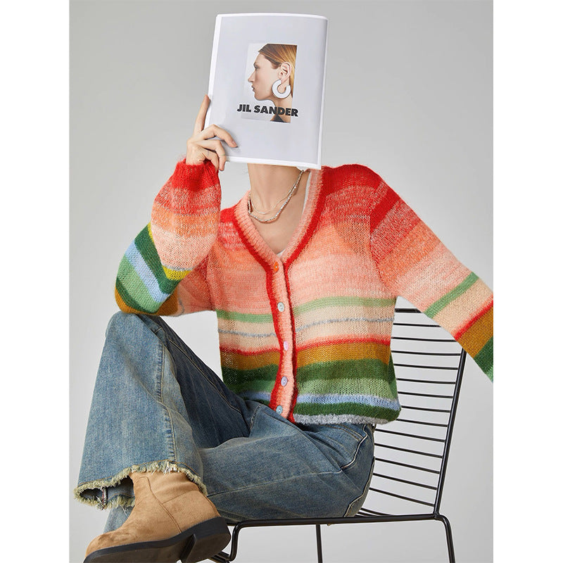 Dopamine tops Free shipping Tattoo Rainbow contrasting mohair striped knitted sweater women's thin 2024 spring and autumn new dopamine outer cardigan top