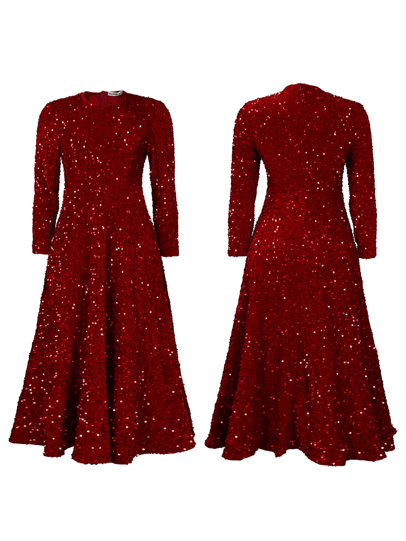 Fashion women's wear D469 Cross-Border New Arrival Women's round Neck Long Sleeve Pure Color Sequins High Waist Temperament Mid-Length Formal Dress European and American Style Dress