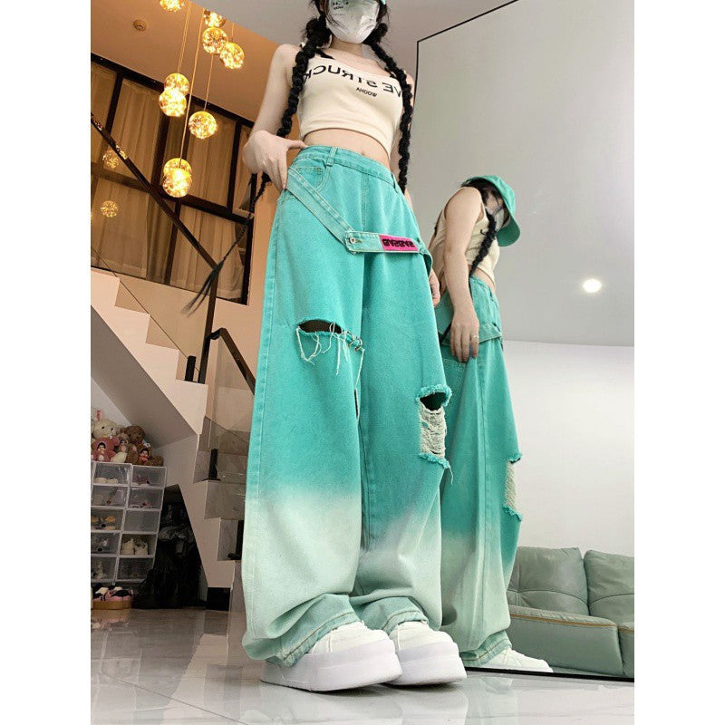 Dopamine pants Free shipping Tattoo Gradual change color ripped dopamine wear jeans women's summer new high waist thin loose meat wide leg pants tide