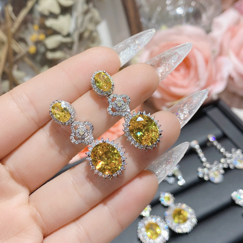 山茶新品奢华璀璨彩宝金黄锆耳饰 镀18k优雅贵气高级精致银针耳钉