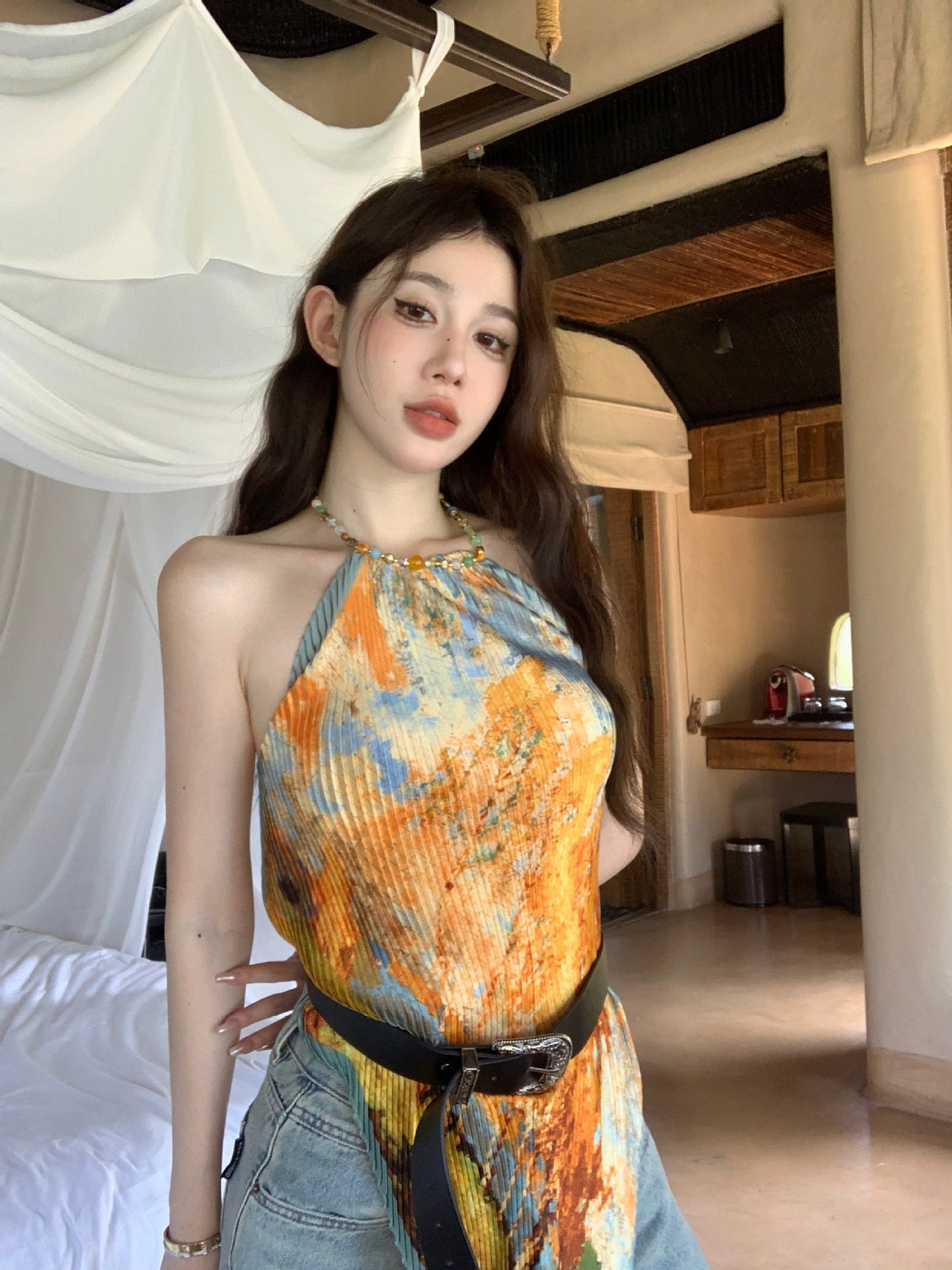 Dopamine tops Free shipping Tattoo Dopamine Thai small suspender with chest pad yellow summer body niche neck thin outer wear top women