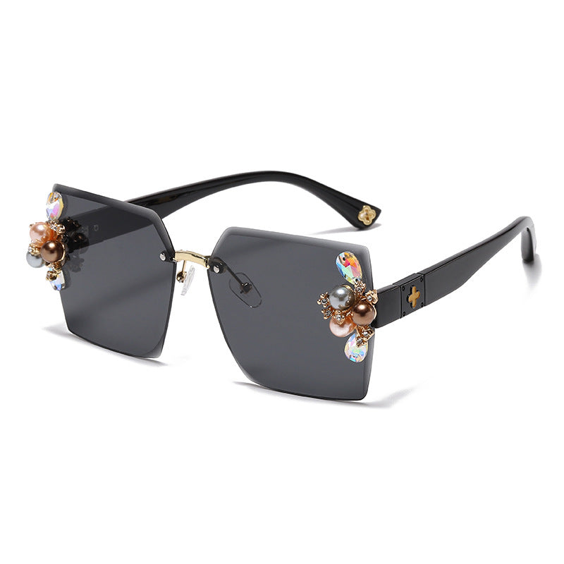 Women's fashion glasses 2023跨境无框切边镶珍珠太阳镜女防紫外线墨镜夏季防晒高级感显瘦