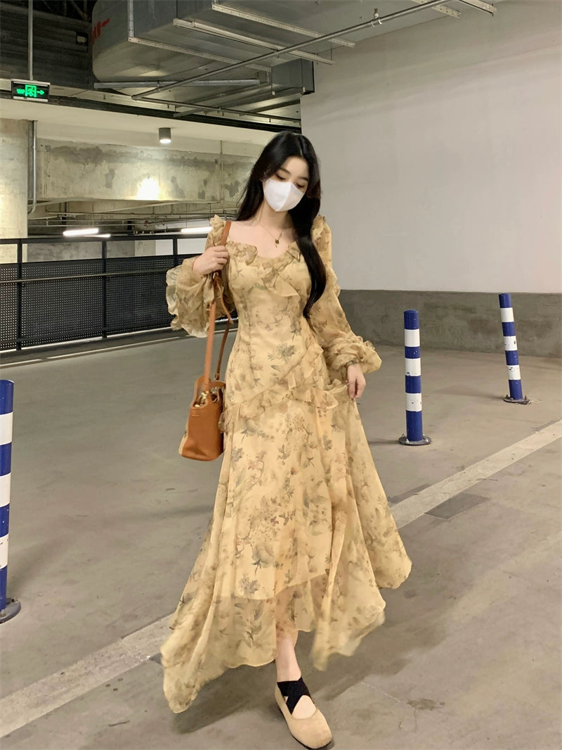 Fashion women's wear French Style Beautiful Yellow Floral Dress Spring plus Size Plump Girls Slimming Fairy Long Dress Style Skirt