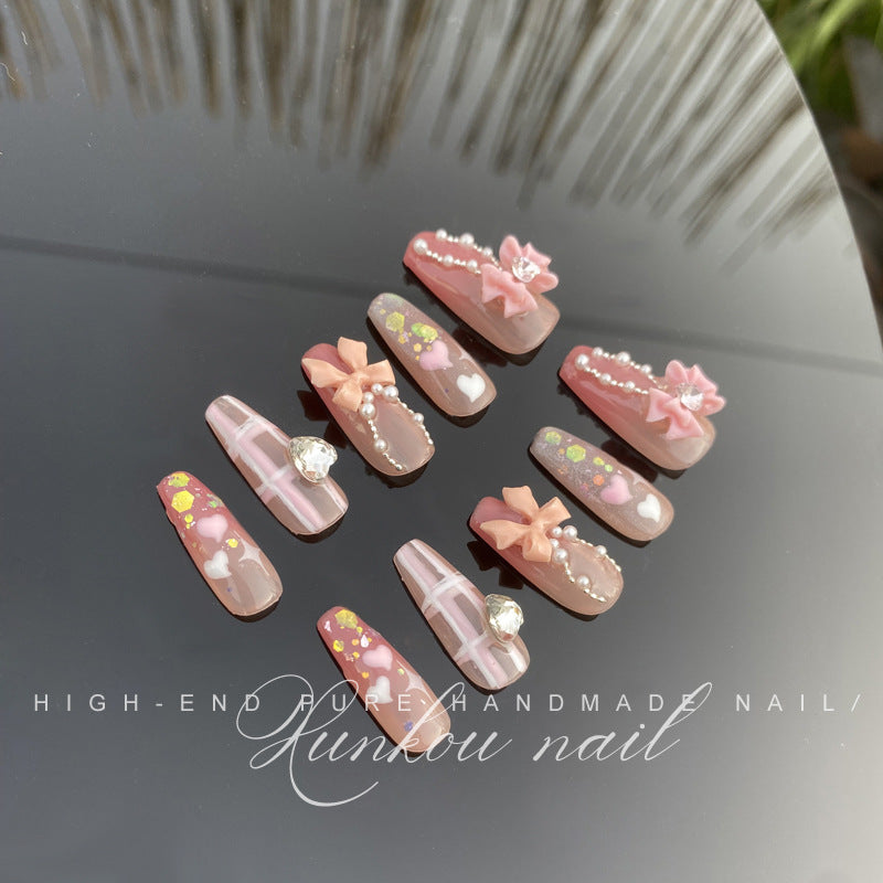 (Hand-Made Nail) Gentle Blush Pure Desire Bow Ice Transparent Bridal Pearl Heart Handmade Wear Nail Finished Detachable Beauty