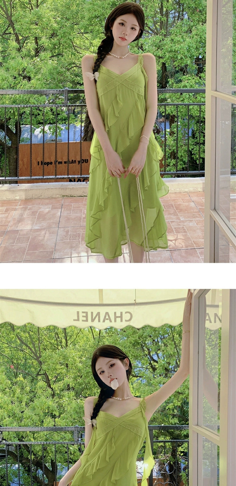 Fashion women's wear French Style Green Suspenders Dress Women's Summer V-neck Elegant Ruffle Waist-Tight Seaside Vacation Beach Dress