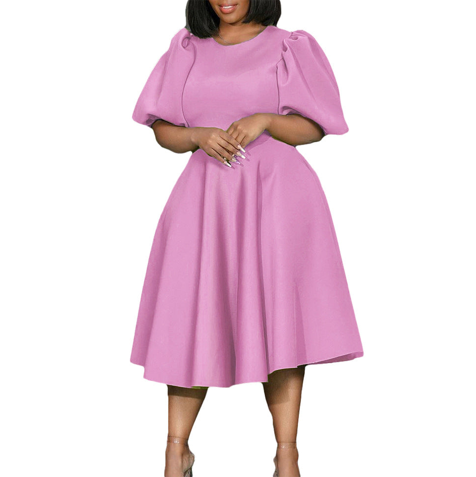 Fashion women's wear Cross-Border European and American Amazon Summer round Neck Graceful Puff Sleeve Waist-Controlled Large Hem Elegant A- line Foreign Trade Dress