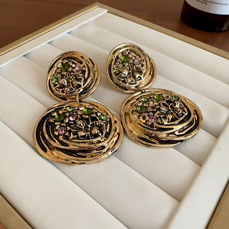 银针镶钻复古圆形耳环中古夸张高级感耳钉小众百搭设计感耳饰批发
