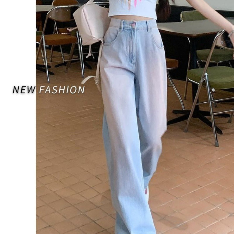 Free shipping Gradual change color design sense blush jeans women's summer dopamine loose and thin straight versatile high waist wide leg pants
