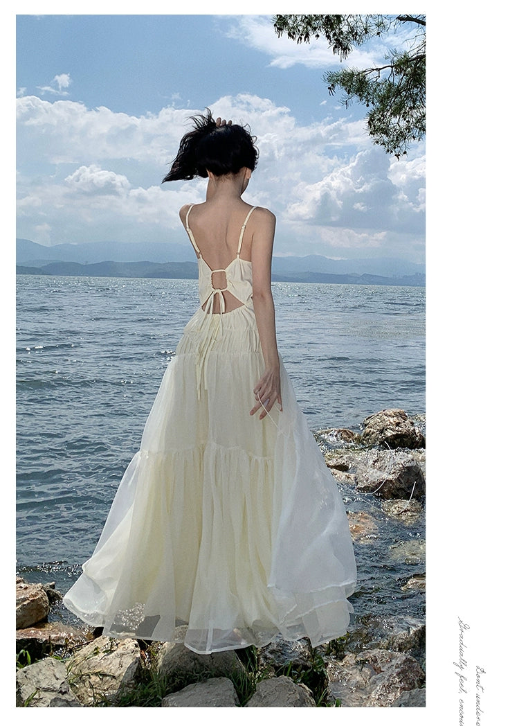 Fashion women's wear Tea Break French Advanced Sexy Backless Spaghetti Straps Dress Fairy Lady Super Fairy Gorgeous Seaside Vacation Beach Dress