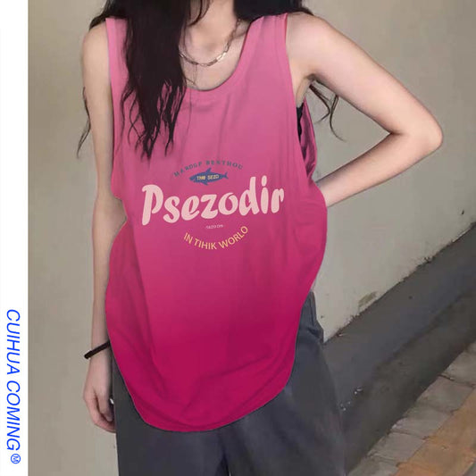 Dopamine tops Free shipping Tattoo American sports sleeveless vest t-shirt women's summer 2024 new dopamine wear loose vest top