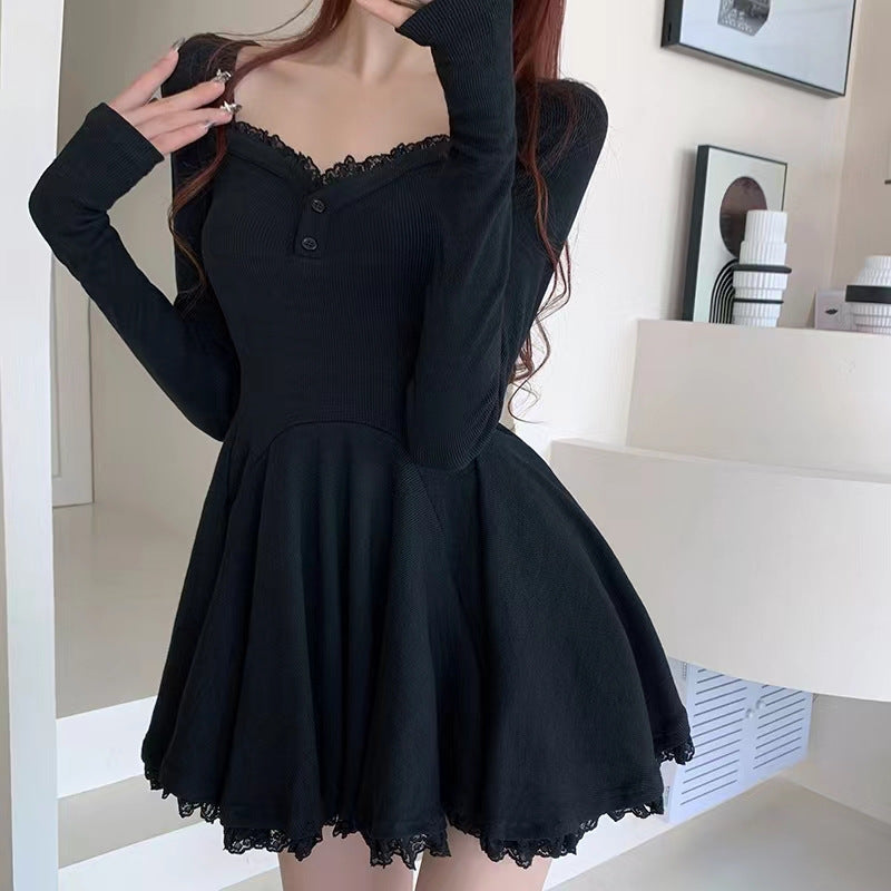 Fashion women's wear Gray Hot Girl Long Sleeve Dress Women's Clothing Autumn Sweet Lace Small Temperament Waist-Controlled A- line Skirt