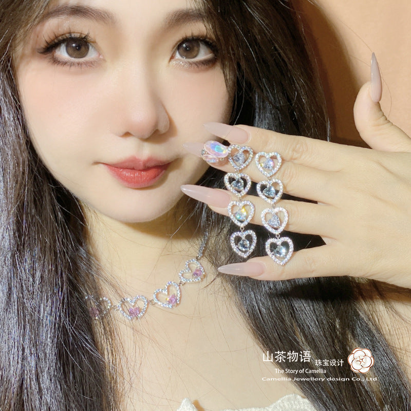 珠宝首饰山茶韩版甜酷少女风闪钻爱心颈链耳环  银针精致显瘦高级长款耳钉