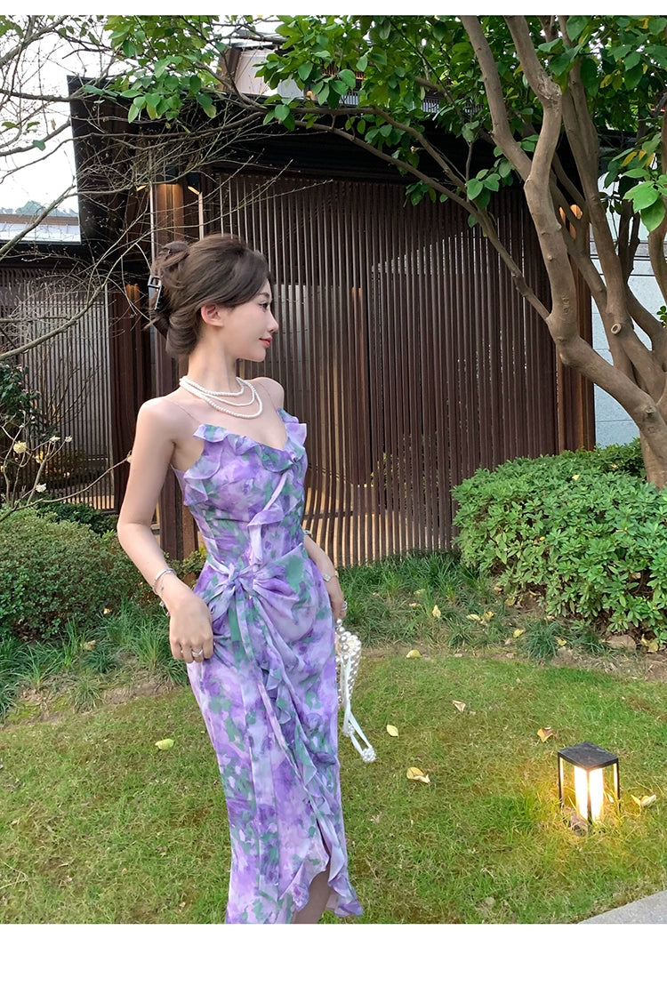 Fashion women's wear Purple Retro Irregular Yunnan Wear Travel Chiffon Floral Strap Dress Seaside Beach Skirt Summer