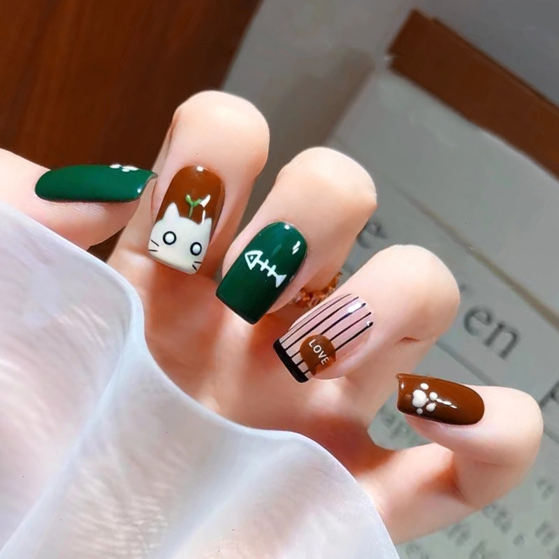 发芽小猫穿戴甲秋冬指甲贴片撞色美甲片可爱假指甲美甲贴片成品甲