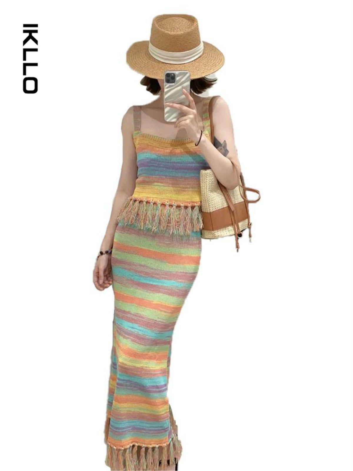 Fashion women's wear Summer New Women's Seaside Holiday Rainbow Color Strap Dress Classic Style Set Matching Age-Reducing Suit Skirt